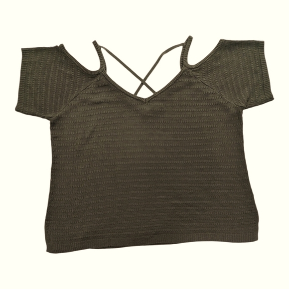 Torrid Knit Dark Green Cold Shoulder Sweater Top Short Sleeve Crossed Straps 4X - Picture 1 of 8